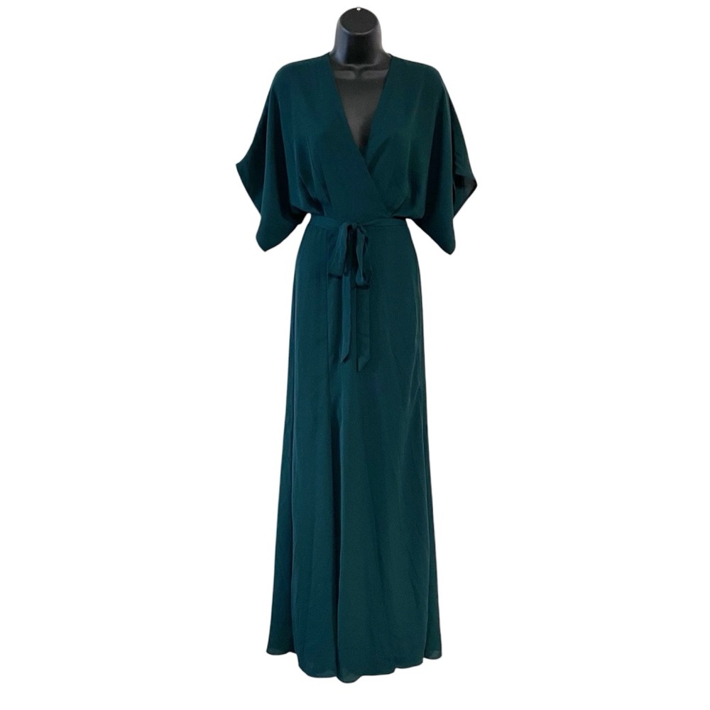 Joompy Forest Green V Neck Kimono Style Maxi Wrap Dress